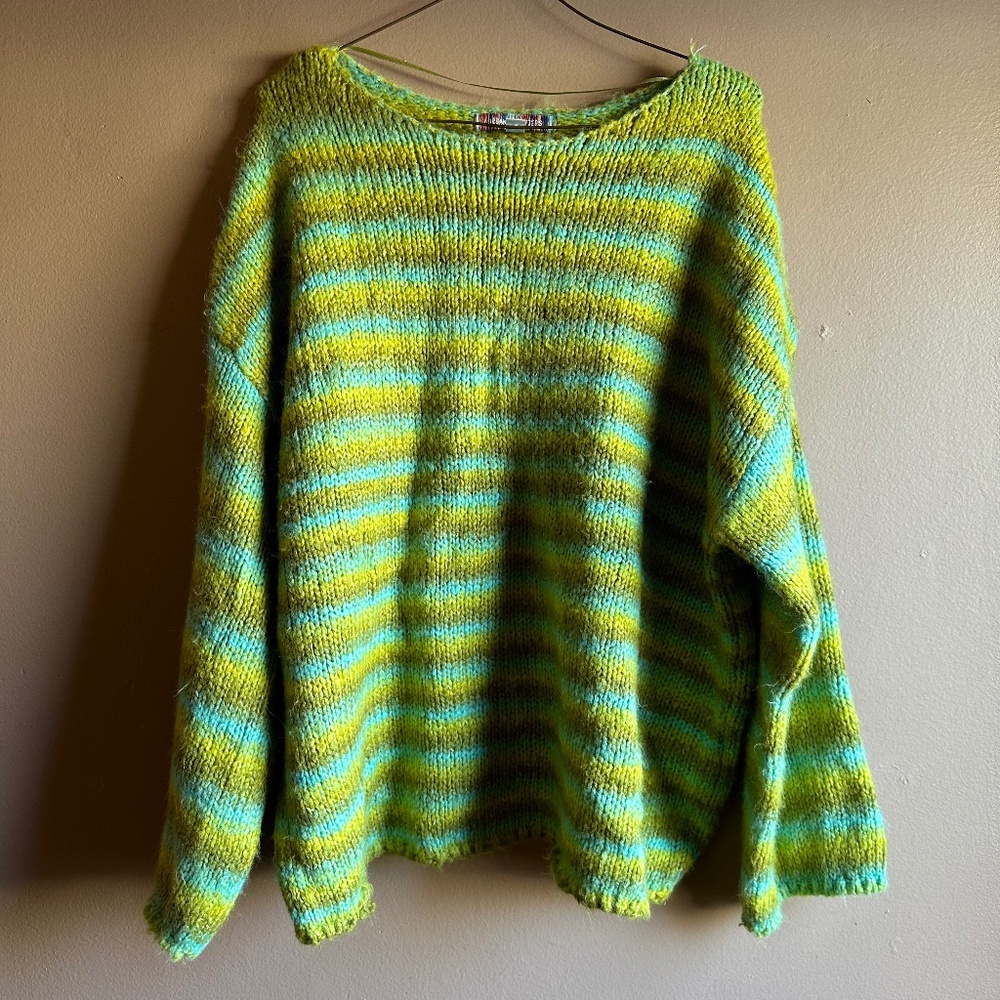 💚🩵 90s Y2k Striped Sweater Soft Urban Outfitters Small Chartreuse Aqua Vintage